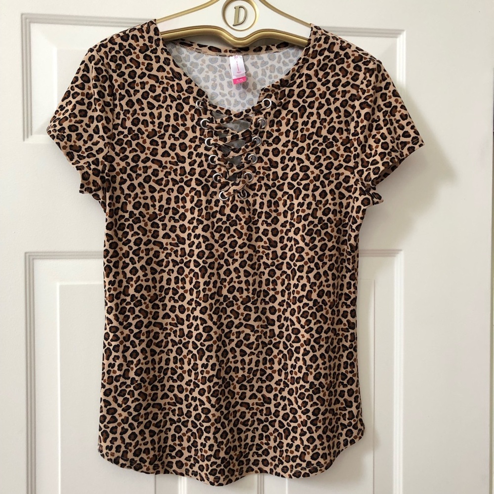 No Boundaries Leopard Print Top w/Decorated Lace Front & Cap Sleeves - Sz 15-17